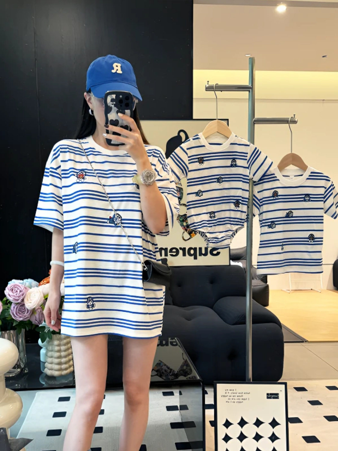 여름 새 부모 - 자식 착용 반팔 세 가족  생일 모자 순면 스트라이프 티셔츠 가족 착용 서양식