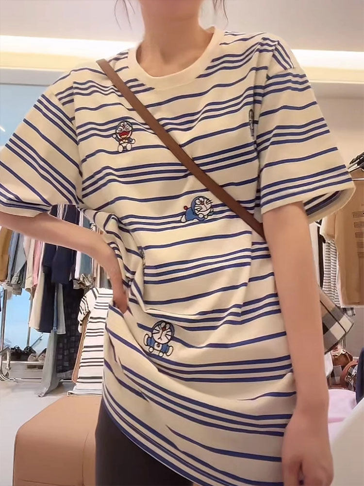 여름 새 부모 - 자식 착용 반팔 세 가족  생일 모자 순면 스트라이프 티셔츠 가족 착용 서양식