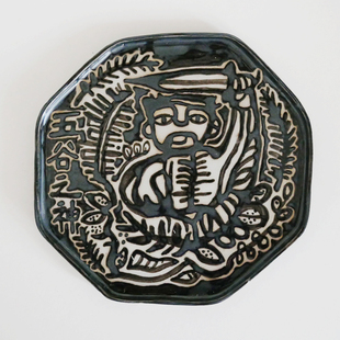 手工云南甲马 五谷之神[允蕥集|夕暮黑]  瓷泥八边形果盘茶盘盘子