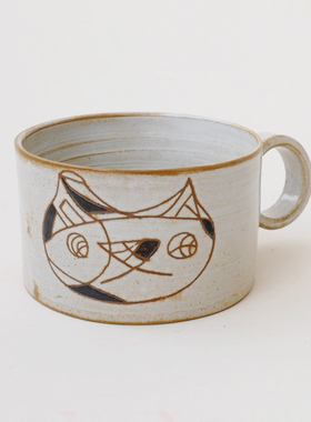 咖啡杯手捏粗陶贝白色艺术孤品 猫咪头像 允蕥集*Morning