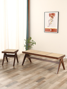 实木藤编长凳昌迪加尔椅中古长条凳日式设计师复古家用民