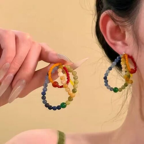 2026解构彩虹~多巴胺彩色水晶串珠撞色度假风耳钉耳环EH0190