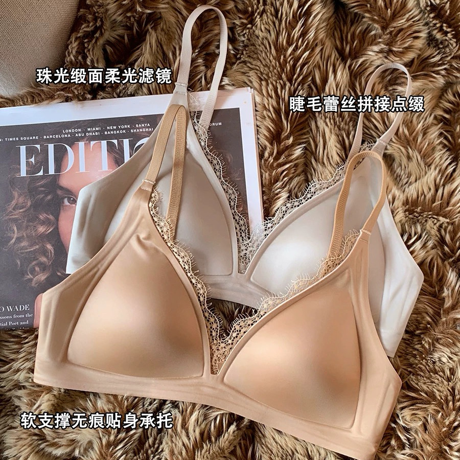 内衣文胸法式蕾丝边缎面三角杯胸罩粉底液性感无钢圈胸罩