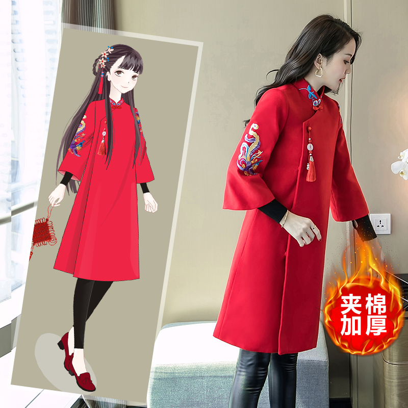 改良旗袍年轻款少女毛呢外套加厚保暖连衣裙唐装女秋冬中国风汉服