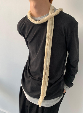 韩国小众百搭棉麻细围巾男女时髦褶皱装饰长条围脖百搭领巾多功能