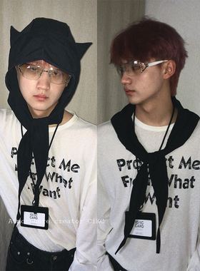 小众时髦恶魔角连帽头巾男女y2k嘻哈领巾披肩多功能防晒帽纯色潮