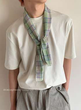CiKC 古早感 拼色双面格纹领巾男女春夏叠穿装饰丝巾小众日韩领结