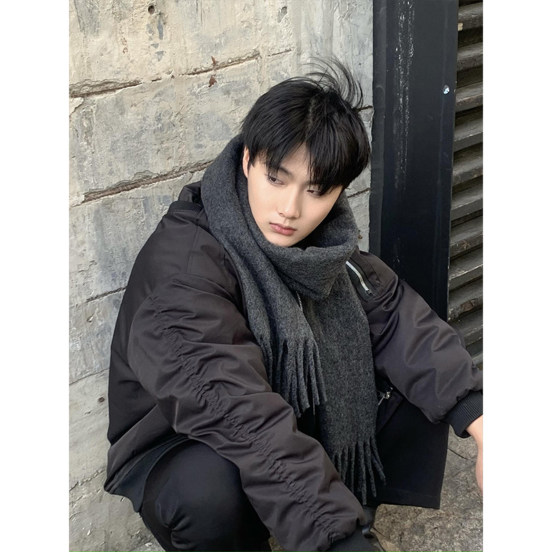定染烟谷灰//高级感纯色羊绒围巾男韩国百搭长款围脖女潮秋冬礼物