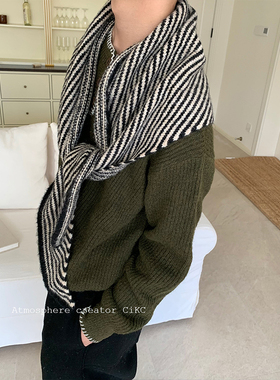 CiKC 定制简约条纹加大披肩男女秋冬时髦装饰保暖三角坎肩围巾潮