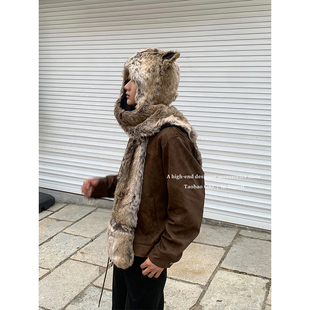 欧美朋克亚比仿皮草毛绒帽子围巾手套一体男女狐狸毛狼耳围巾帽潮