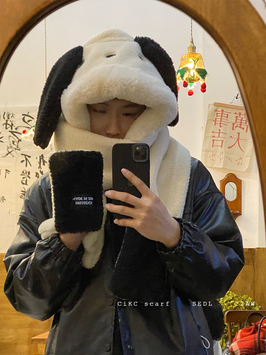 추위 무서워하는 분들 여기 보세요 파차 강아지 모자와 스카프 올인원 겨울 플러시 강아지 목 스카프와 장갑 ??3종세트