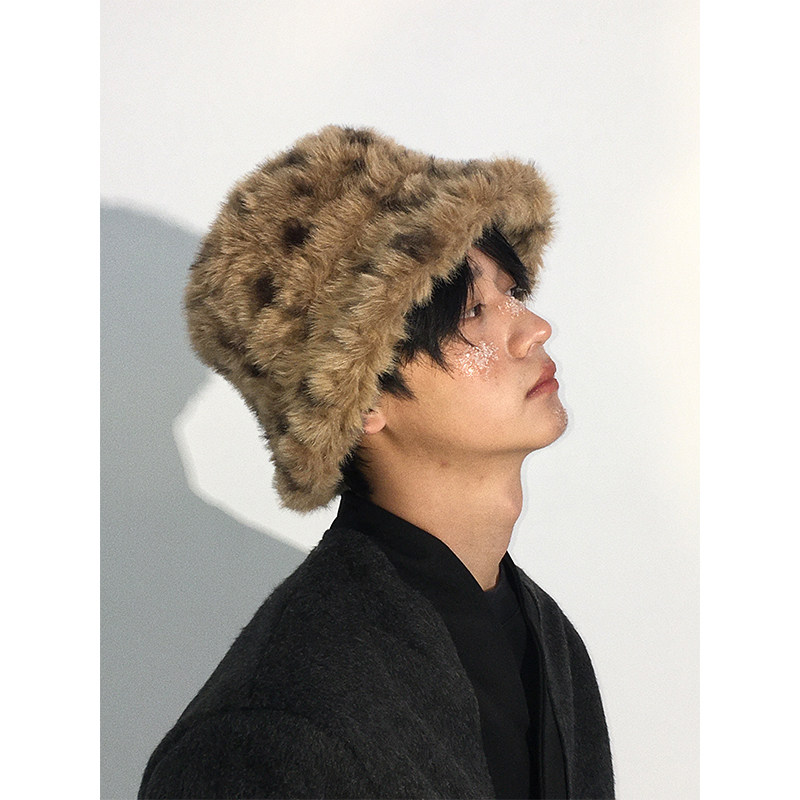 ins美式高级感豹纹毛绒渔夫帽