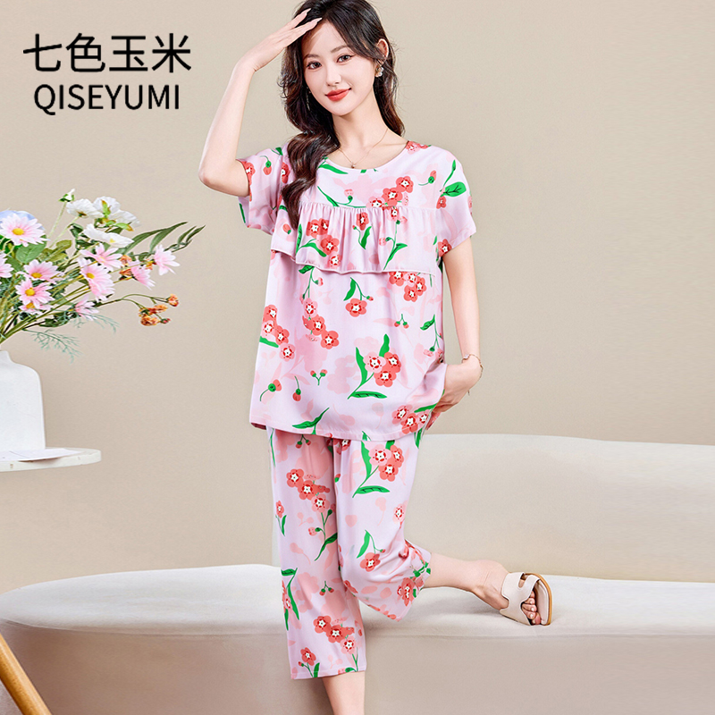 妈妈夏装棉绸睡衣女短袖中裤套装中老年女装宽松大码家居服两件套