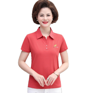 中老年女长袖带领子上衣妈妈短袖T恤中年小衫翻领衬衣