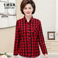 Áo cotton kẻ sọc dài tay áo sơ mi nữ trung niên mùa xuân và mùa thu áo sơ mi nữ trung niên kích thước lớn áo mỏng - Phụ nữ cao cấp áo đầm tuổi trung niên