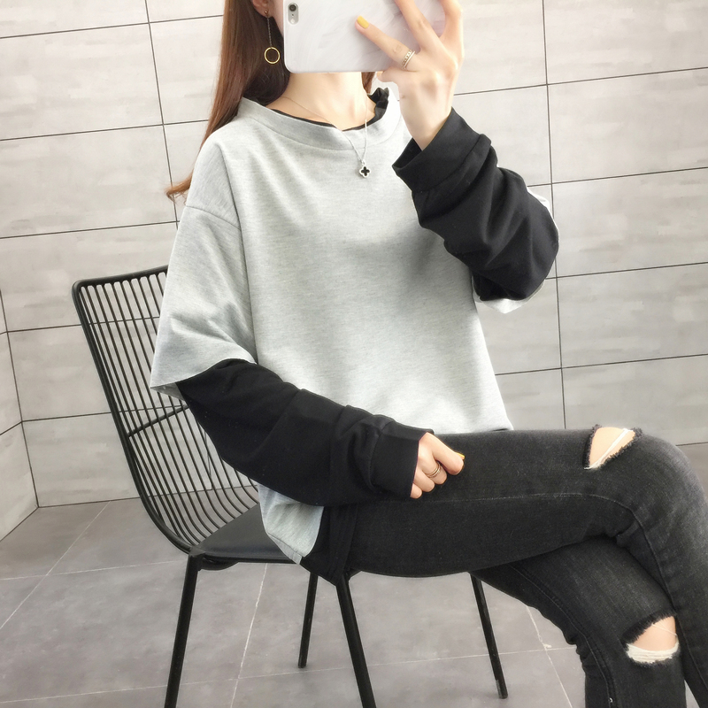 2020新款假两件卫衣女潮ins宽松韩版春秋薄款bf超火cec长袖上衣服