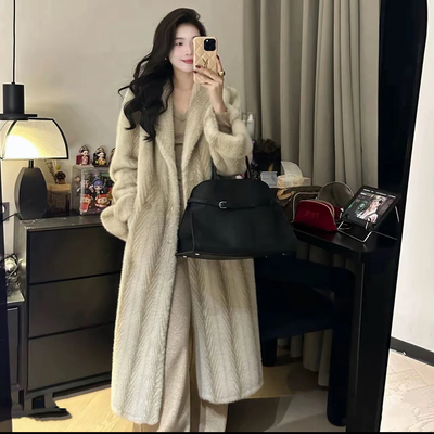 富家千金  鱼骨纹环保皮草仿水貂毛长款轻奢毛毛外套女款皮毛一体