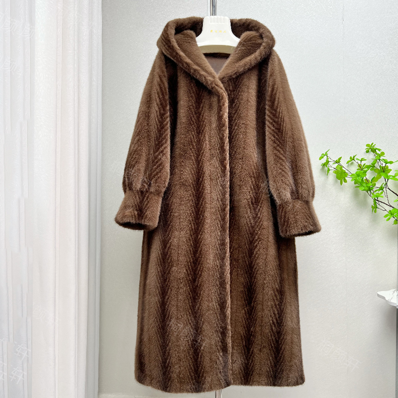 大码仿水貂毛皮草外套女紫金天鹅绒长款连帽环保皮草毛毛大衣外套