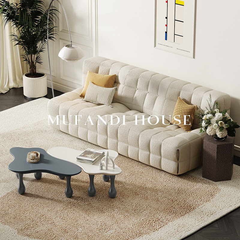慕梵迪小户型客厅简约现代布艺沙发华夫格奶油风直排三人位沙发