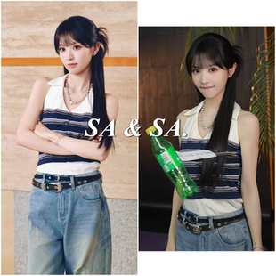 田曦薇同款撞色条纹V领挂脖背心女夏季新学院风修身显瘦无袖上衣