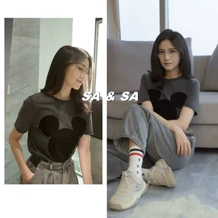 高圆圆明星同款灰色上衣2026夏卡通印花宽松纯棉短袖t恤女设计感