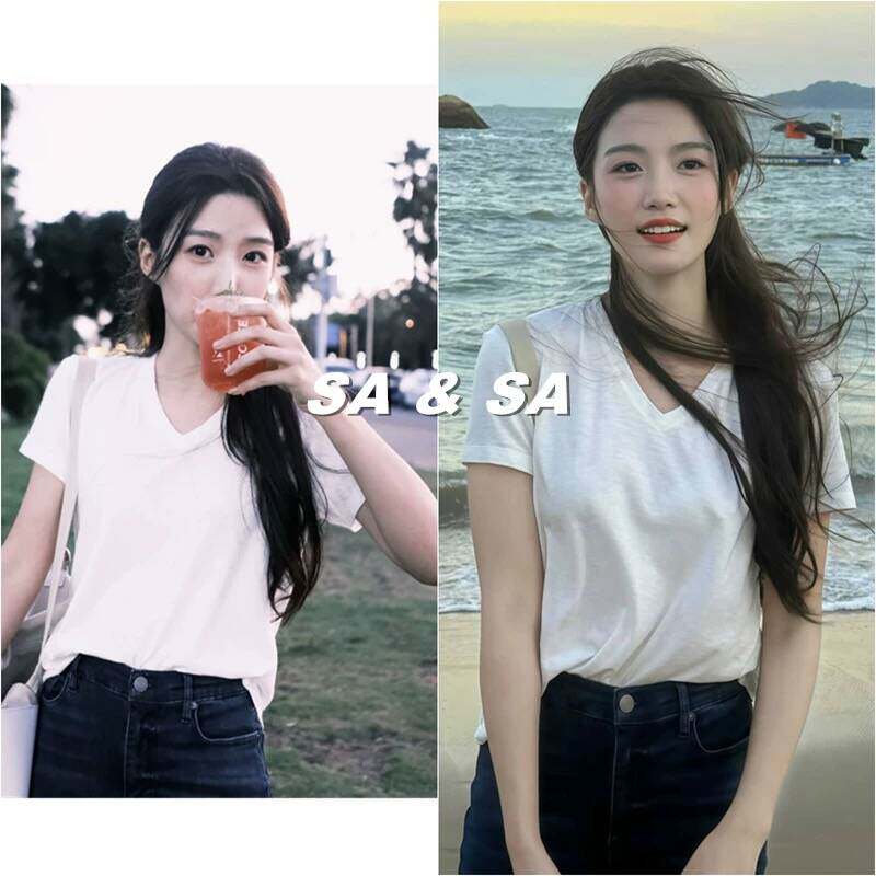 卢昱晓明星同款上衣2026夏季新款白色正肩V领修身纯棉短袖t恤女潮