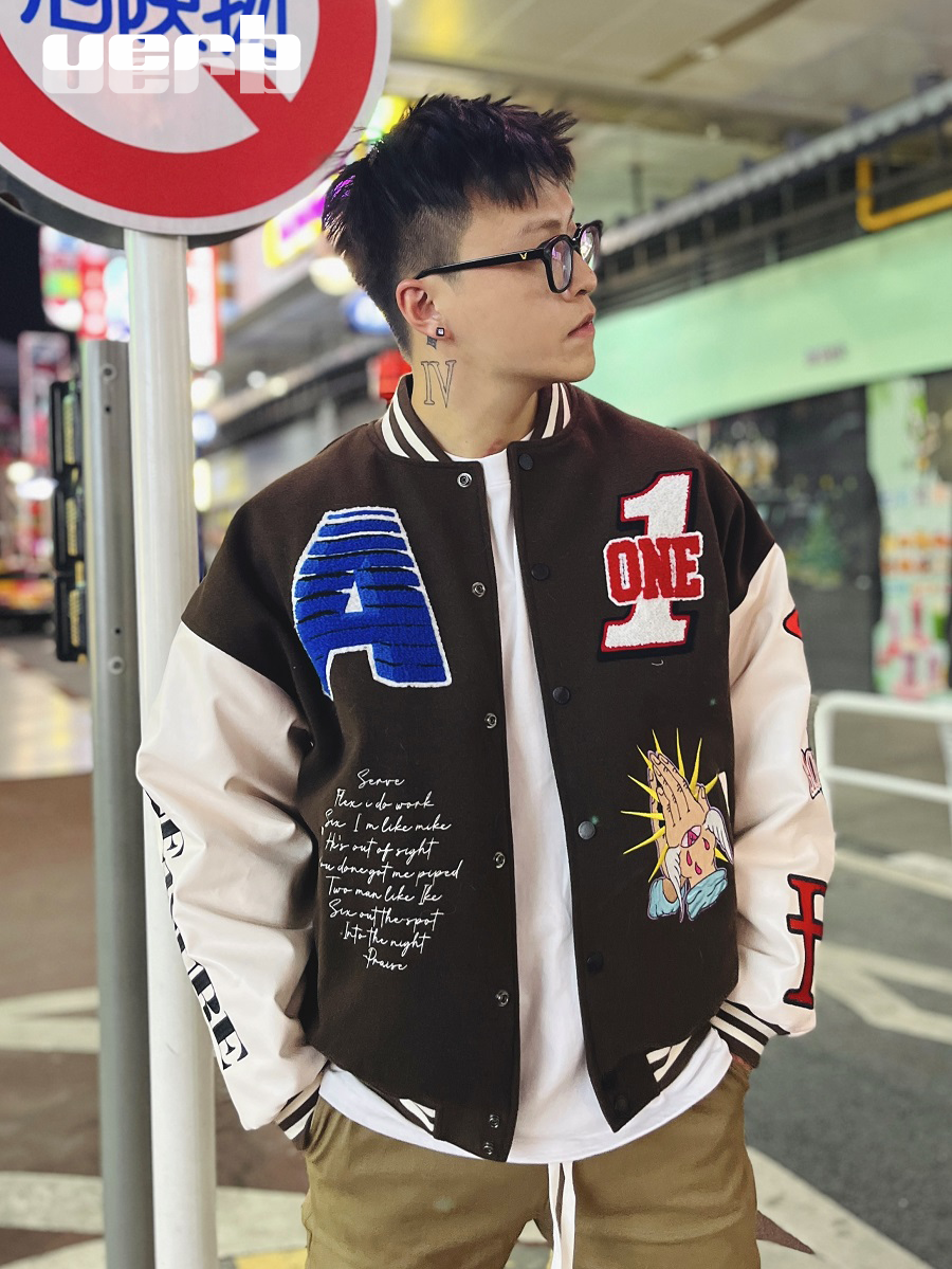 aone4sure 棒球夹克原创彩色字母毛巾绣花皮长袖加棉厚秋冬季verb