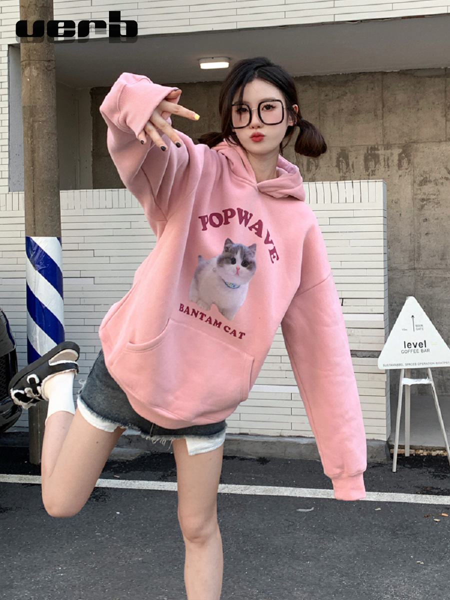 popwave 美式复古卡通可爱动物猫咪男女情侣男女连帽卫衣帽衫verb