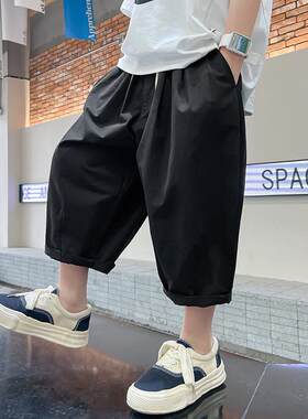 儿童装男童裤子夏季阔腿短裤2025新款大童男孩黑色七分裤夏款休闲
