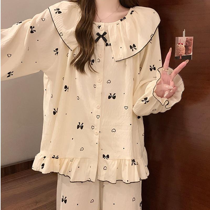 长袖睡衣少女春秋季新款蝴蝶结甜美宫廷公主风云朵棉纱宽松家居服