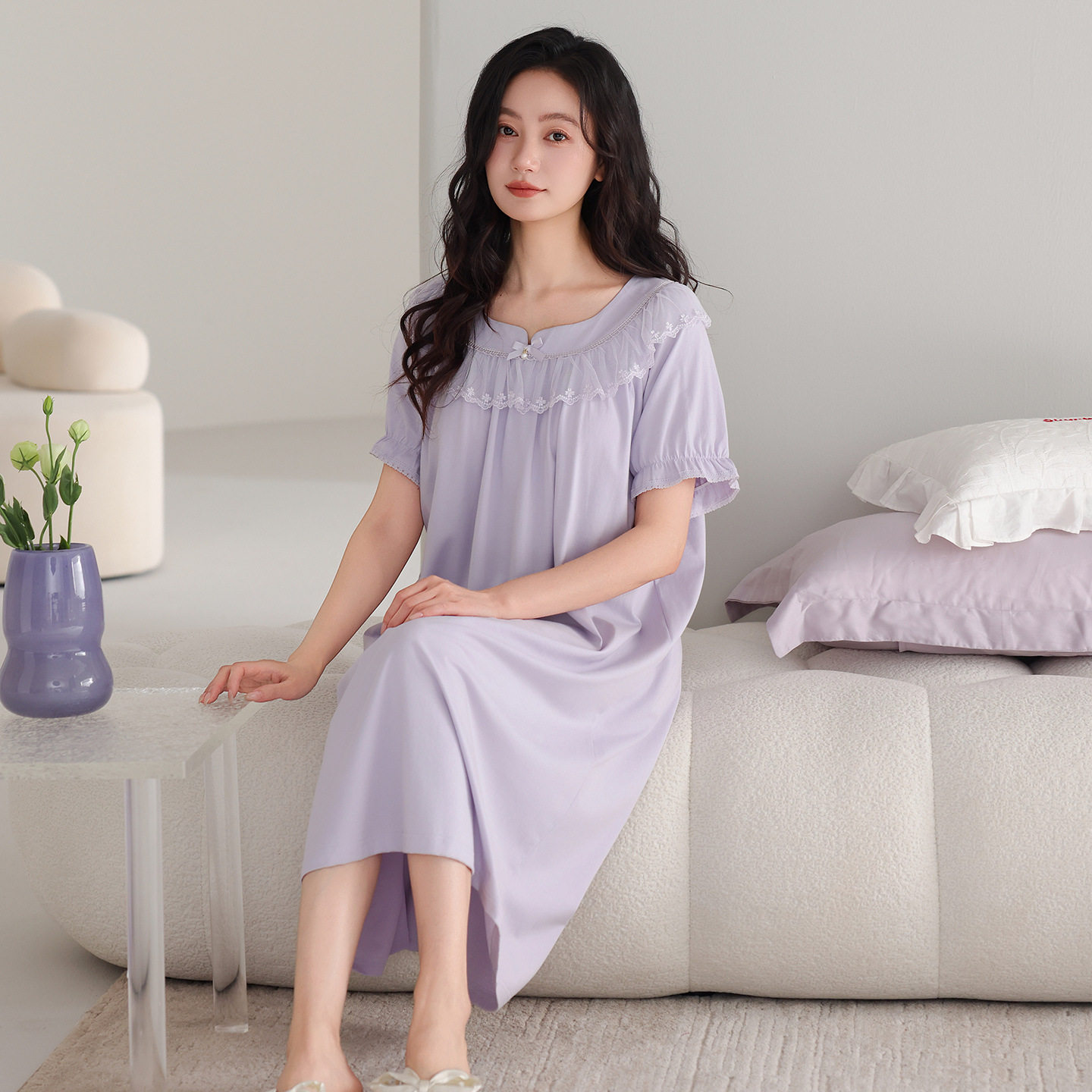 德国带胸垫纯棉睡裙女夏季年新款睡衣裙子短袖大码夏天薄款连衣裙