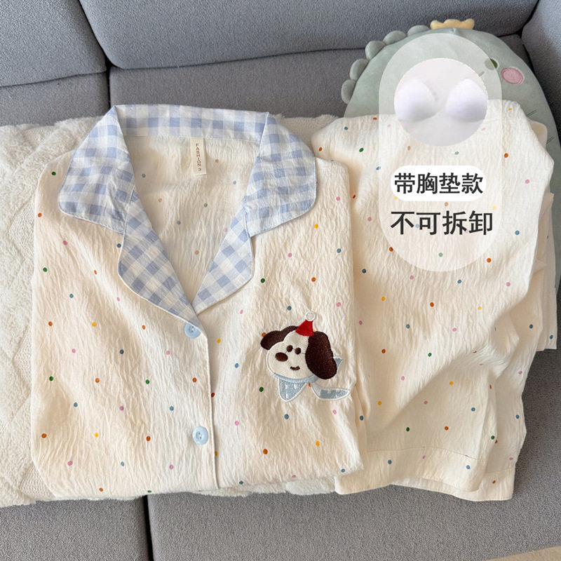 德国带胸垫可爱小狗云朵纯棉纱睡衣女款新款季长袖家居服夏天