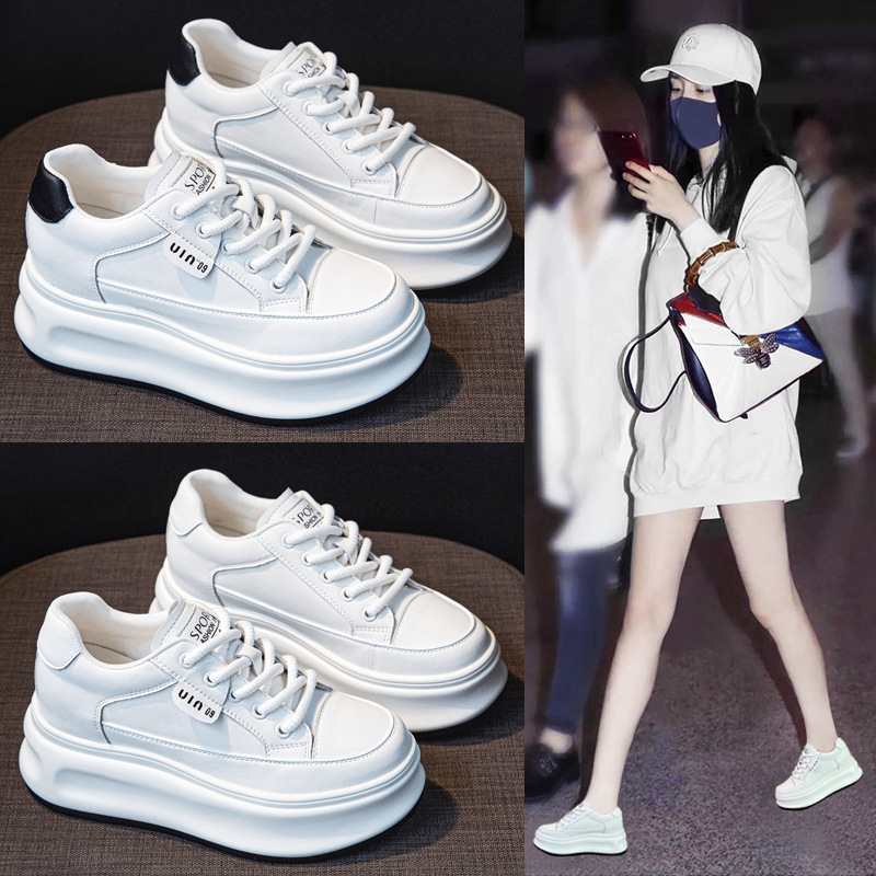 欧洲进口内增高真皮小白鞋女新款厚底加绒松糕鞋小个子运动女单鞋