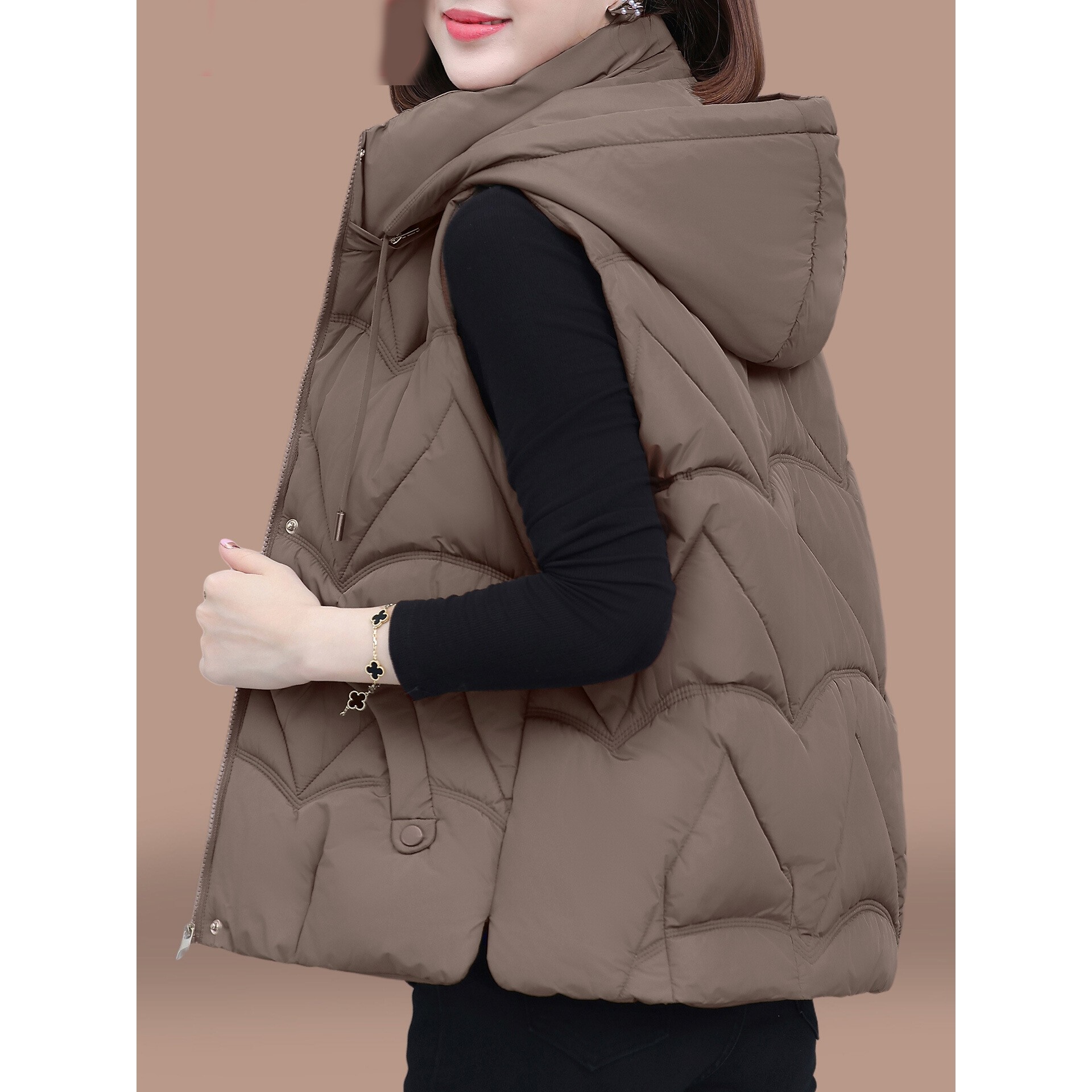 欧洲站羽绒棉背心马甲女外穿新款冬季中年妈妈保暖坎肩宽松连帽马