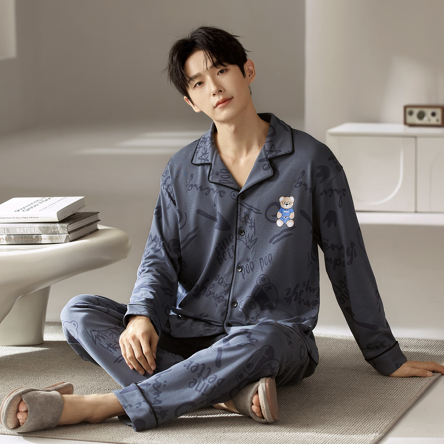 潮牌纯棉男士睡衣季长袖长裤翻领套装简约休闲宽松大码家居服