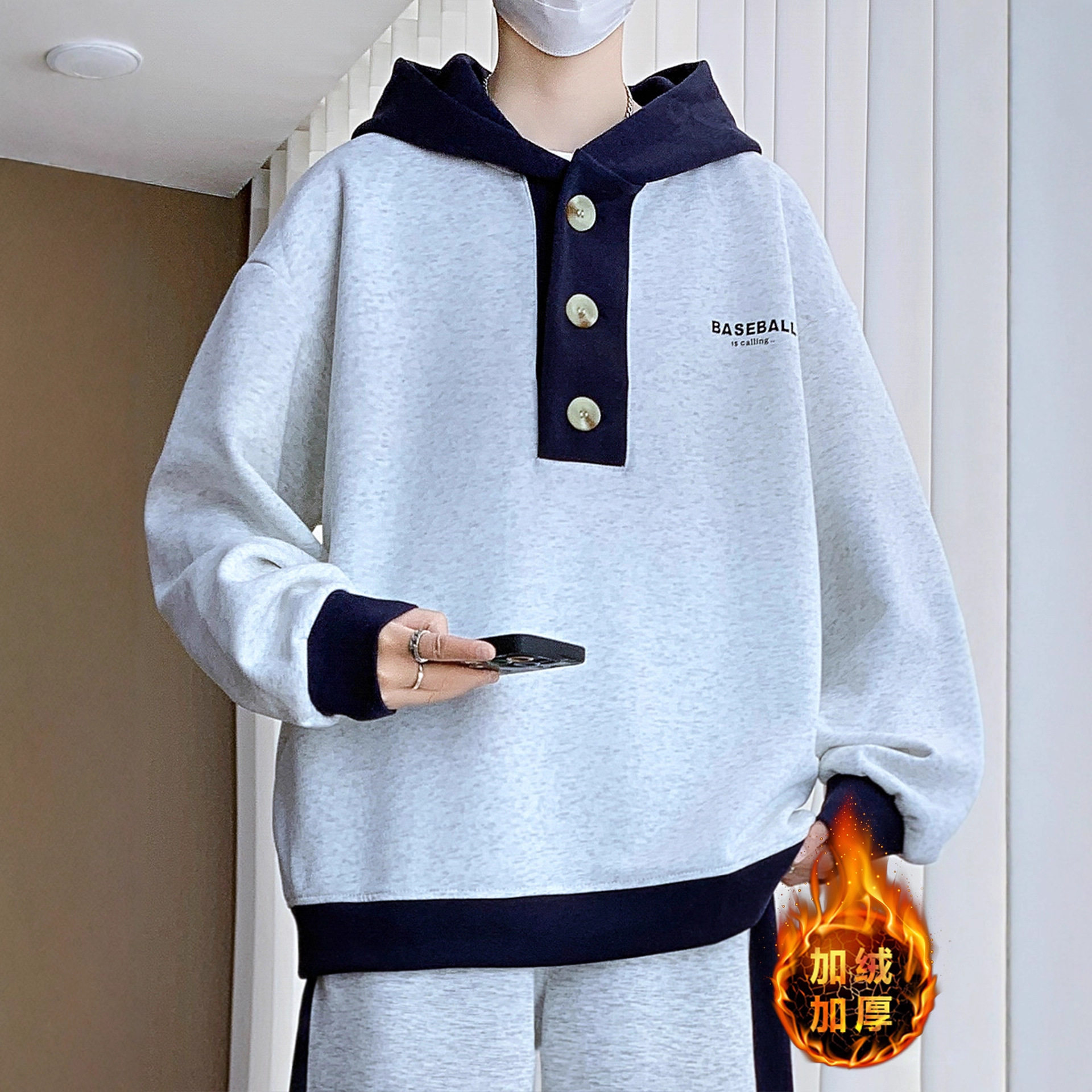 德国冬款加绒加厚卫衣男孩高中初中学生帅气外套青少年大童保暖上