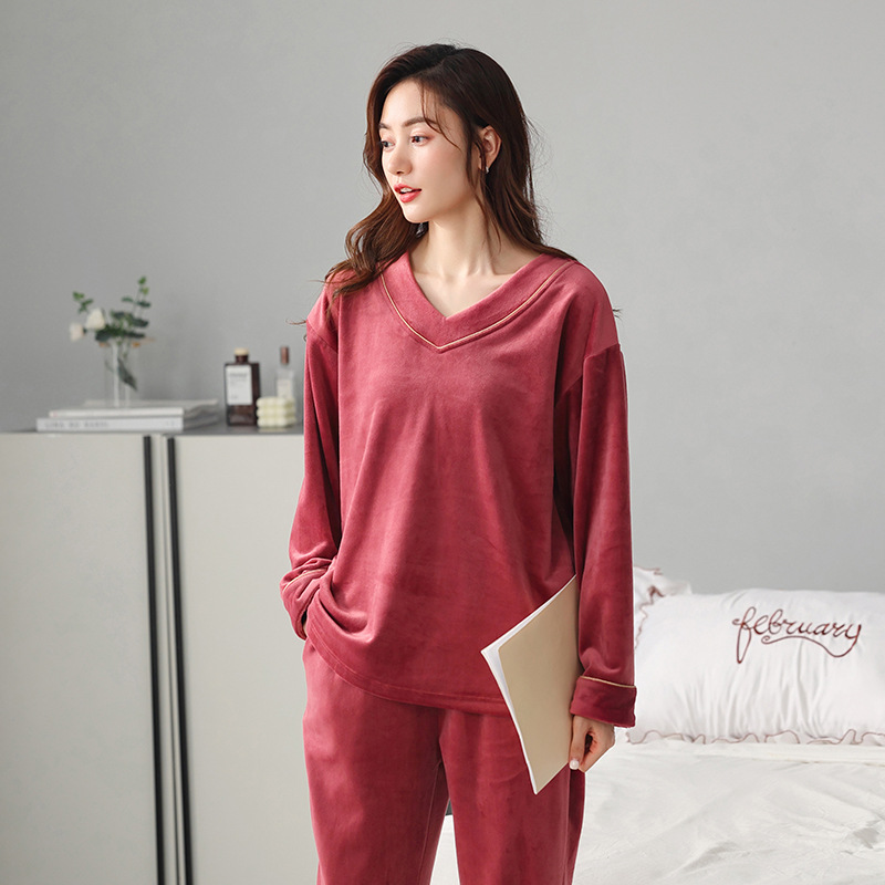 潮牌女士海岛绒睡衣冬加厚海岛绒长袖长裤套装大码家居服可外穿