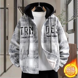 欧洲站假两件加绒加厚毛呢外套男冬季潮牌宽松青少年初中高中学生