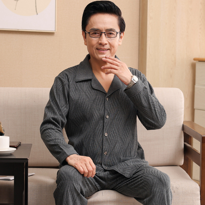 潮牌男士睡衣-冬季中年爸爸款黑色翻领开衫长袖长裤套装大码家居