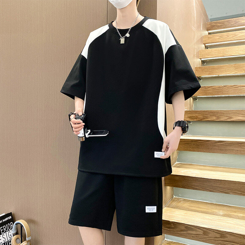 流行优选青少年夏季冰丝短袖T恤套装男2025新款高中学生港风透气