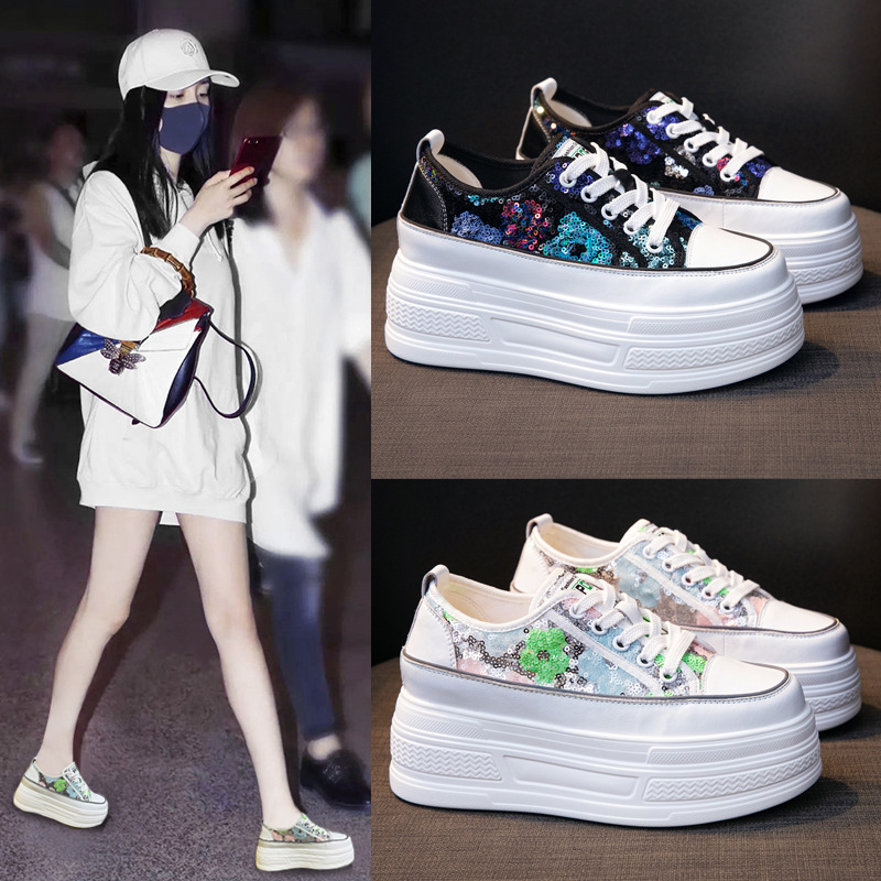 撤柜断码小白鞋女秋季新款松糕厚底CM增高女鞋百搭休闲透气网面板