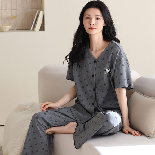 德国睡衣女夏季纯棉短袖长裤薄款夏天全棉家居服套装可外穿新款