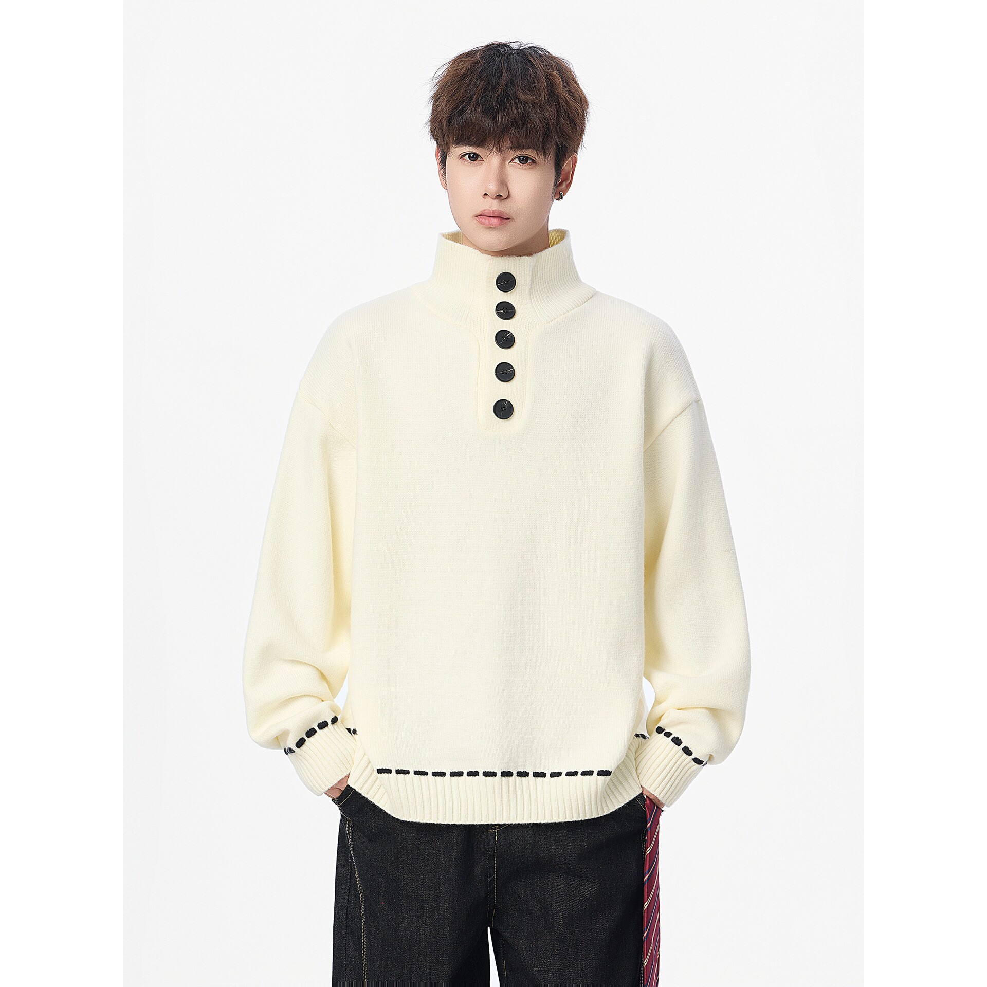 欧洲站新款青少年独特复古休闲风高领红色毛衣男宽松慵懒套头针织