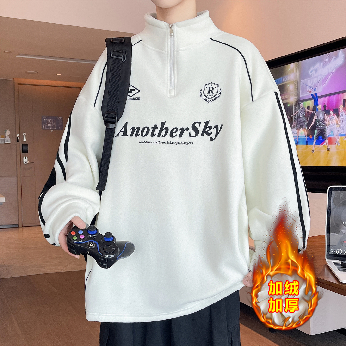 香港撤柜冬季青少年半拉链卫衣男孩初中高中学生加绒加厚大童保暖