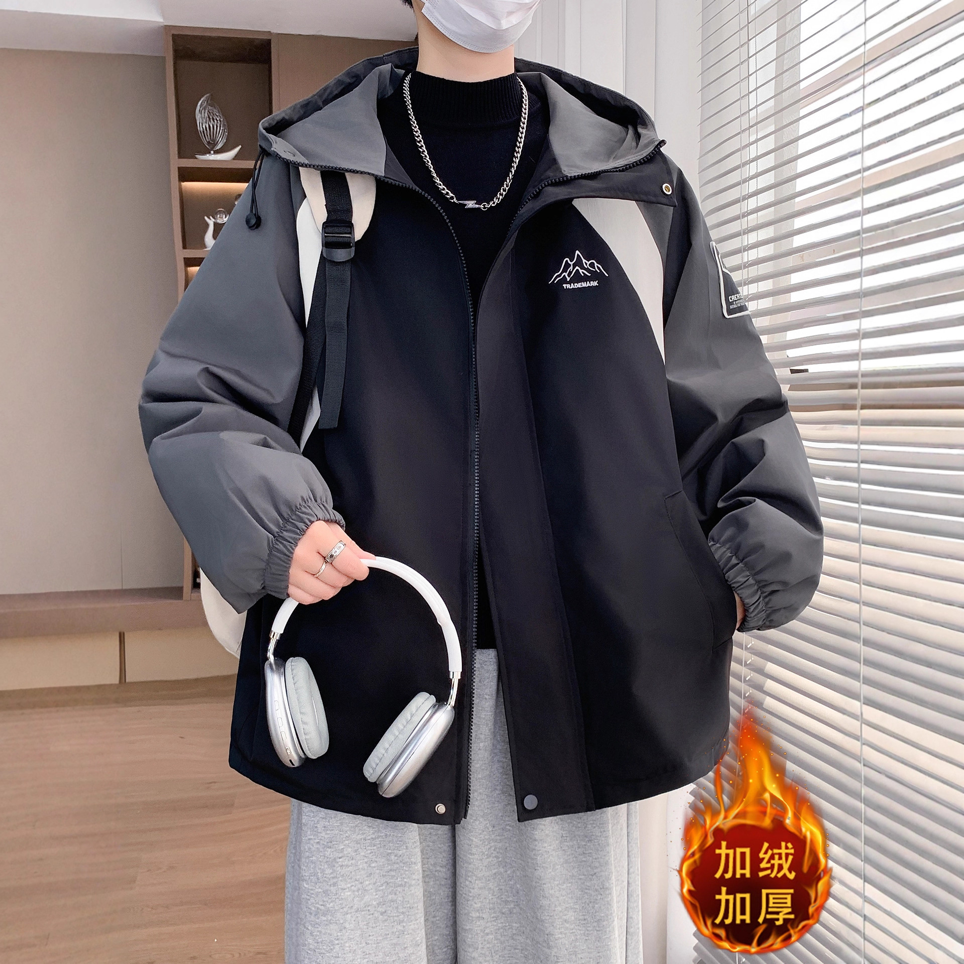 香港撤柜冬款棉衣外套男孩初中学生加绒加厚冲锋衣服夹克青少年大