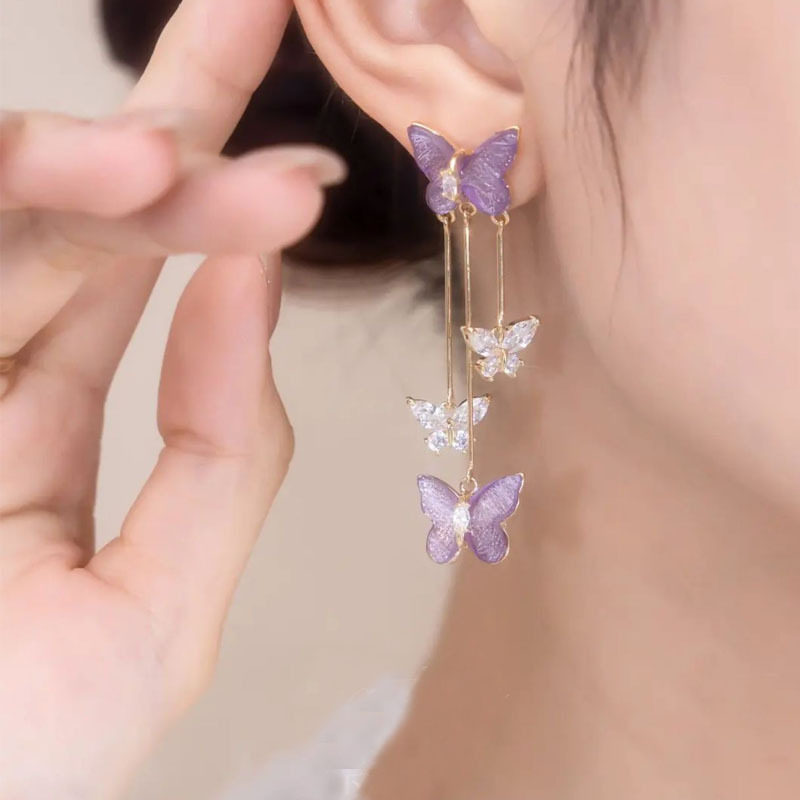 撤柜紫色水晶蝴蝶流苏耳环时尚精致百搭小众设计感耳钉仙女气质耳