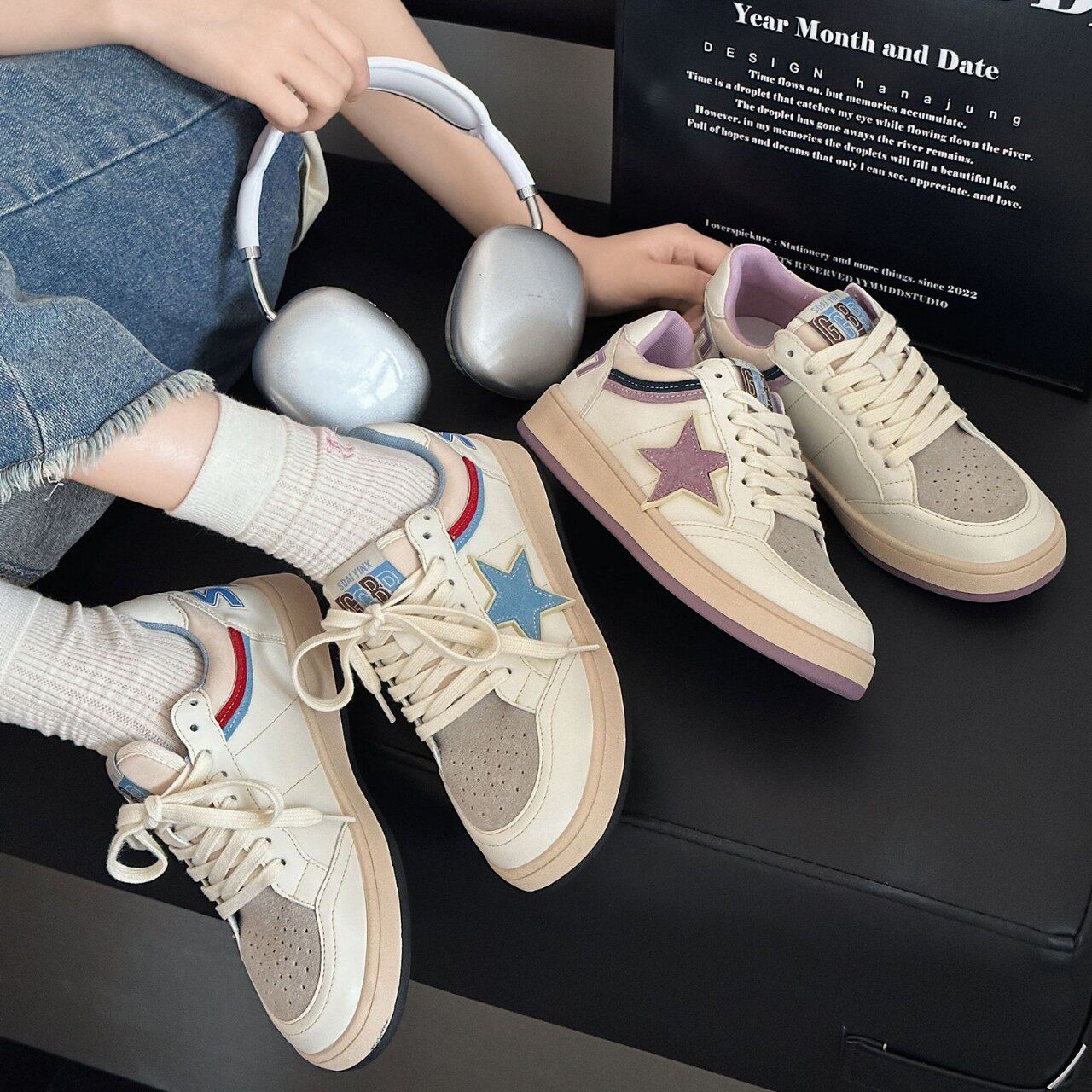 香港撤柜复古爆裂纹星星鞋早新款做旧拼色板鞋女ins潮真皮休闲鞋