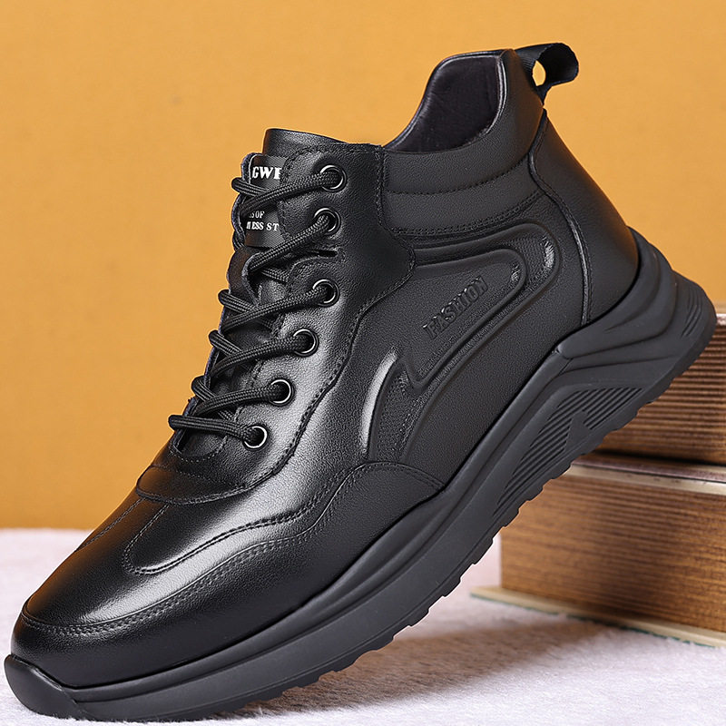 欧洲站棉皮鞋男士高帮商务休闲鞋冬季真皮加绒保暖鞋软底防滑爸爸