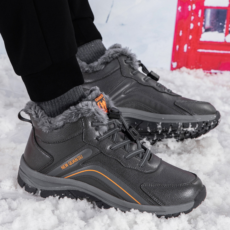 今年新品冬季高帮户外棉鞋男鞋加绒加厚保暖健步鞋防滑皮面老人鞋