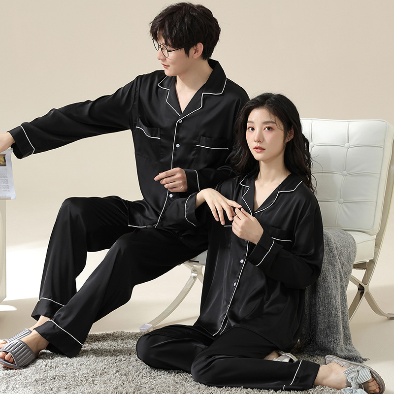 潮牌四季冰丝睡衣情侣装季长袖薄款家居服男女士仿真丝绸套装
